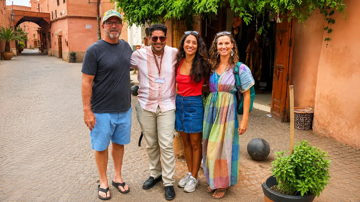 Kamal, a licensed Moroccan tour guide, with travelers in Marrakech medina for Morocco Tips travel advice
