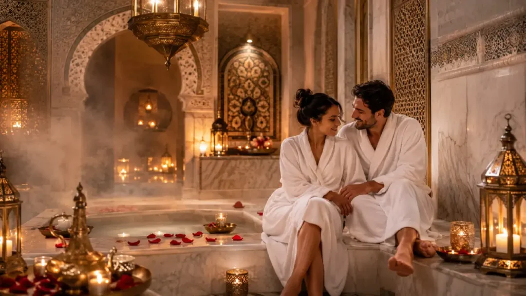 Luxury hammam in Marrakech for couples with candles, steam, rose petals and Moroccan spa design
