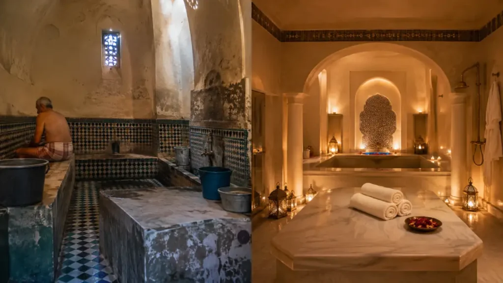 Public vs private hammam in Marrakech showing authentic local bathhouse and luxury spa experience