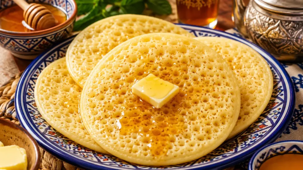 Moroccan breakfast Baghrir with butter and honey