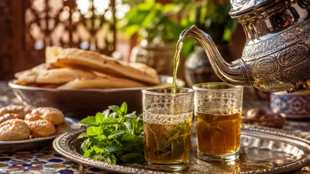 Moroccan Breakfast with Mint tea being poured
