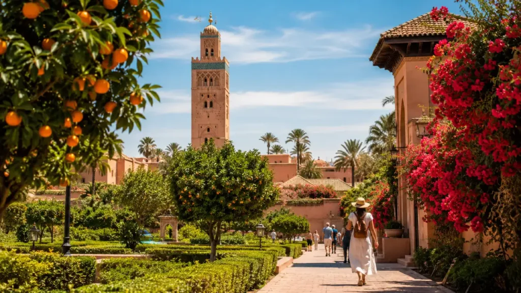 Morocco in April weather in Marrakech with Koutoubia Mosque, orange trees, spring flowers, and sunny gardens