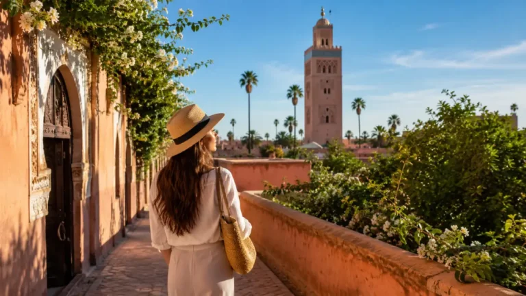 Morocco in March spring weather in Marrakech with orange blossoms, sunshine, and Koutoubia Mosque view