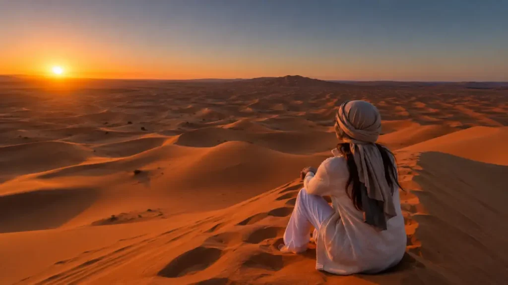 Morocco weather in March in the Sahara Desert with golden Merzouga dunes and cool sunrise atmosphere