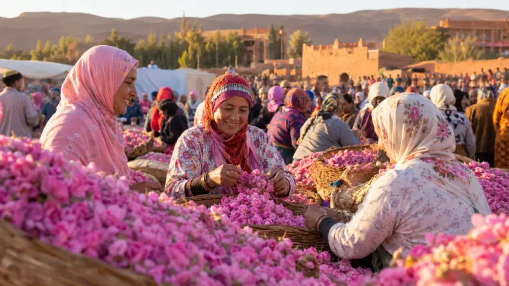 Morocco in May - Rose Festival in Kelaat Mgouna with fresh Damask roses and local harvest celebration