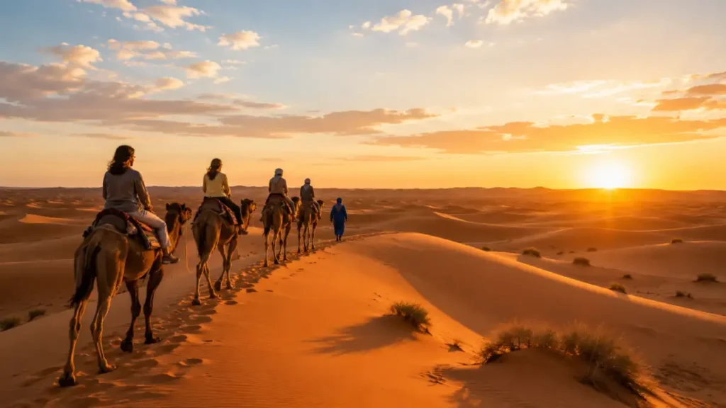 Sahara Desert in May with golden dunes, camel trek, and sunset near Merzouga Morocco
