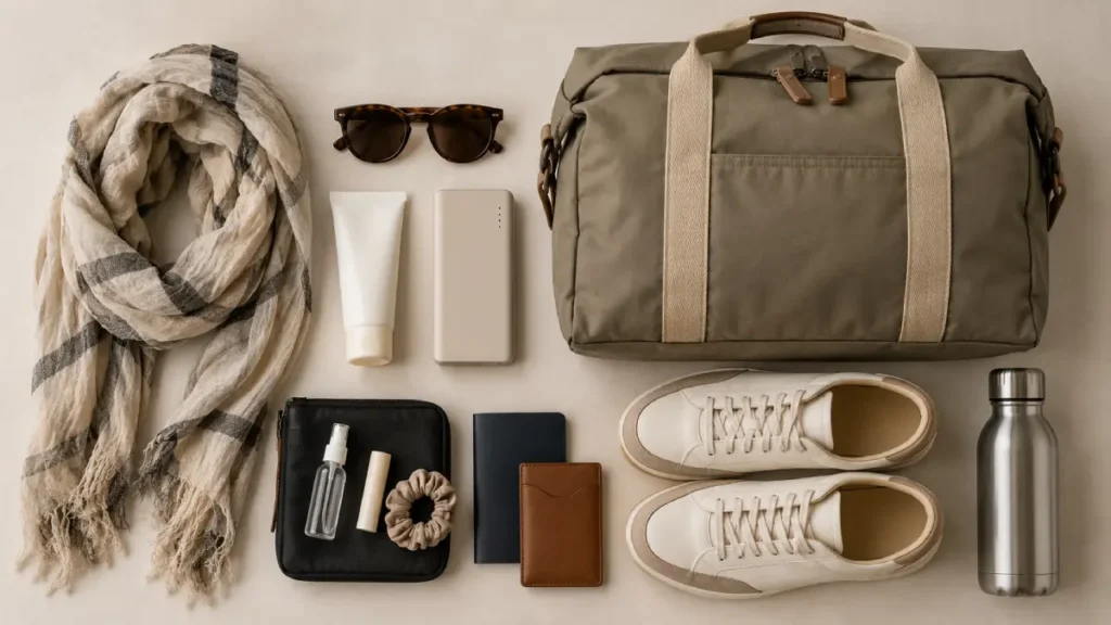 Sahara desert packing list 2026 with scarf sunglasses sunscreen power bank and overnight bag