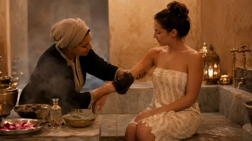 Traditional Moroccan bath ritual with black soap and exfoliation in a warm Marrakech hammam