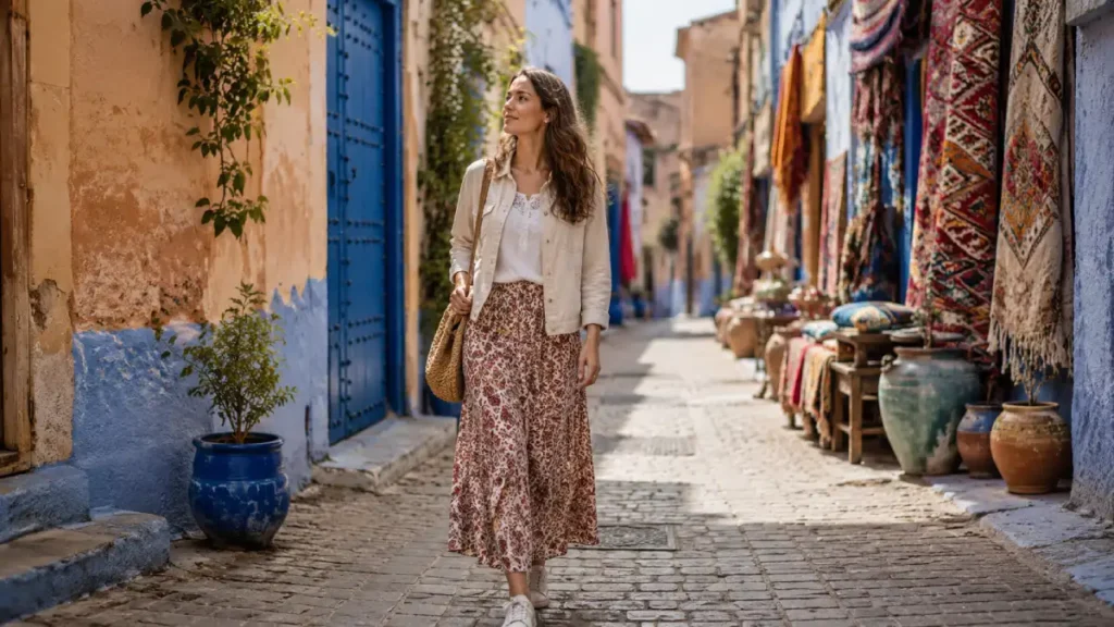 What to wear in Morocco in April with light layers while walking through a colorful Moroccan medina