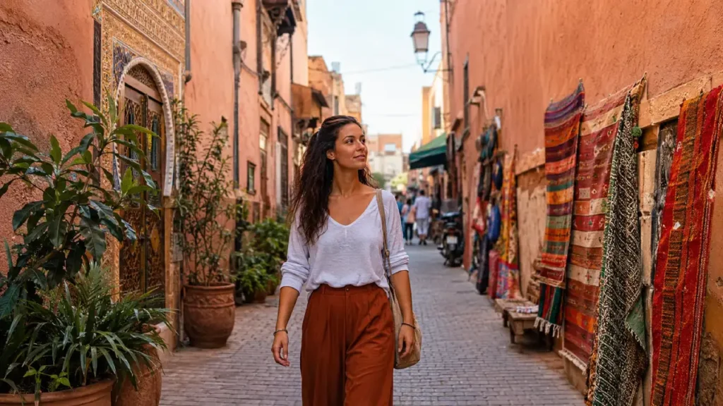 What to wear in Morocco in March for sunny days and cool evenings while walking in Marrakech medina