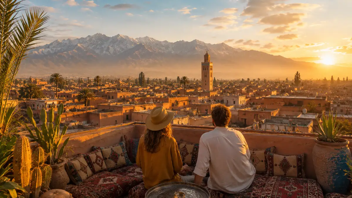 Autumn in Morocco with golden light over Marrakech rooftops and Atlas Mountains