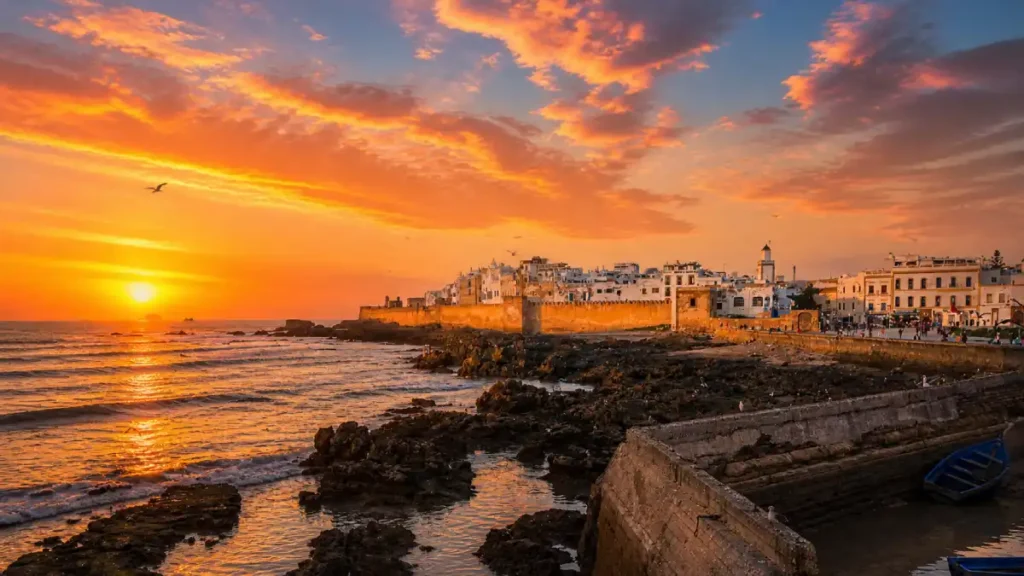 Essaouira Beach Morocco sunset over medina walls and Atlantic coast