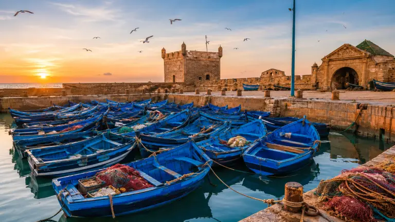 Essaouira port at sunset with blue fishing boats, old stone walls, and seagulls on Morocco’s Atlantic coast