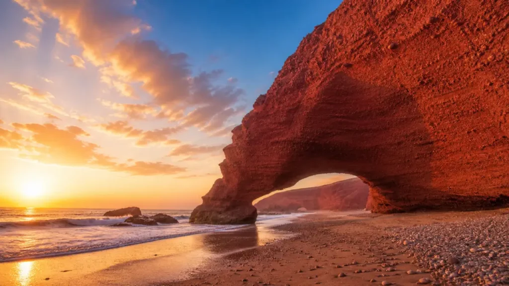 Legzira Beach Morocco red rock arch formations along the Atlantic coast
