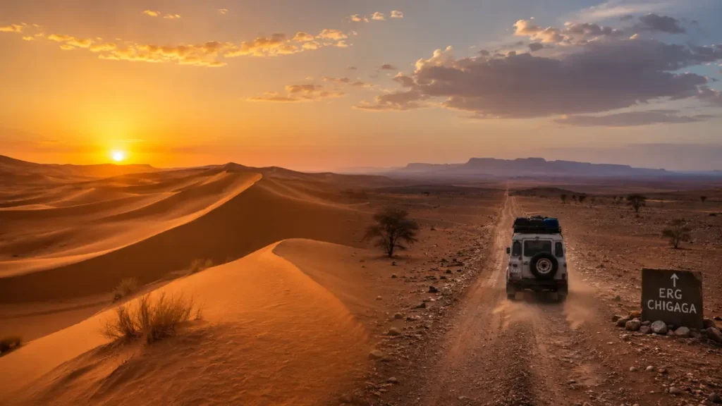 Merzouga vs Erg Chigaga comparison showing golden dunes and remote Sahara desert tracks in Morocco