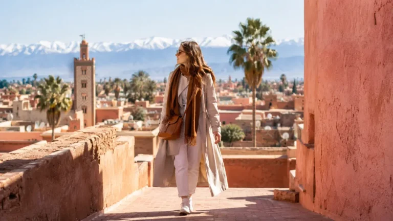 Traveler in Marrakech with snow-capped Atlas Mountains in the background during Morocco in February
