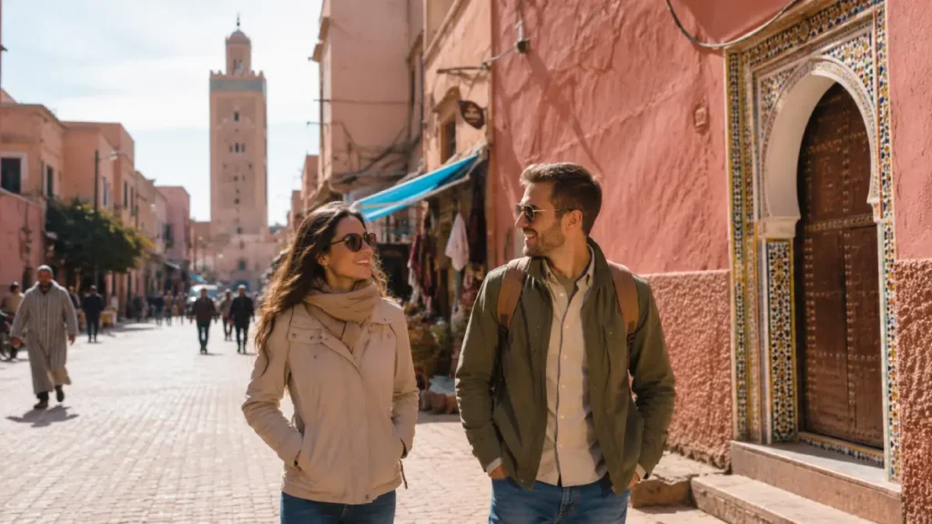 Travelers walking in Marrakech medina wearing light jackets during Morocco weather in February