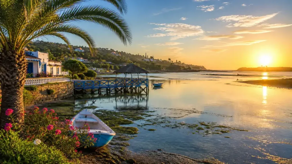 Oualidia Lagoon Morocco calm water with palm trees and wooden pier at sunrise
