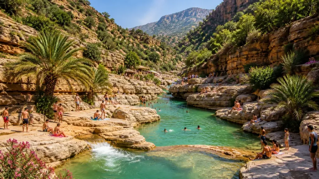 Paradise Valley Morocco natural rock pools with people swimming and cliffs