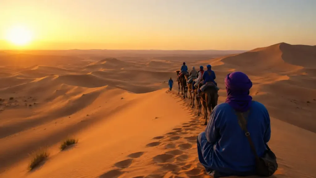 Sahara Desert in April with camel caravan at sunset in the golden dunes of Merzouga Morocco