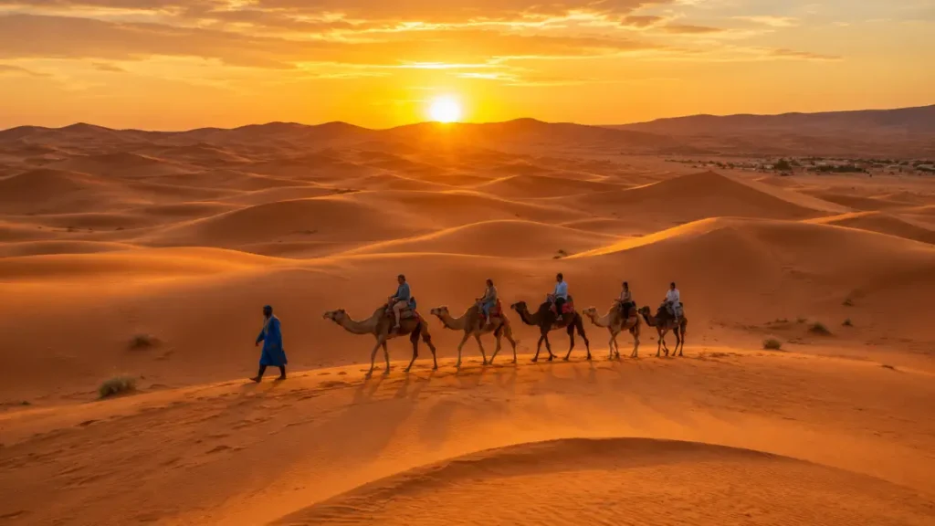 Sahara Desert Morocco in July with golden dunes and extreme summer heat near Merzouga