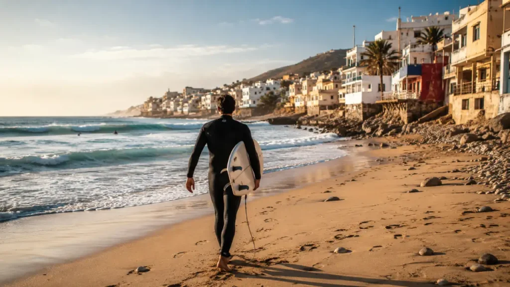 Surfer walking on the beach in Taghazout during surfing season in Morocco in February