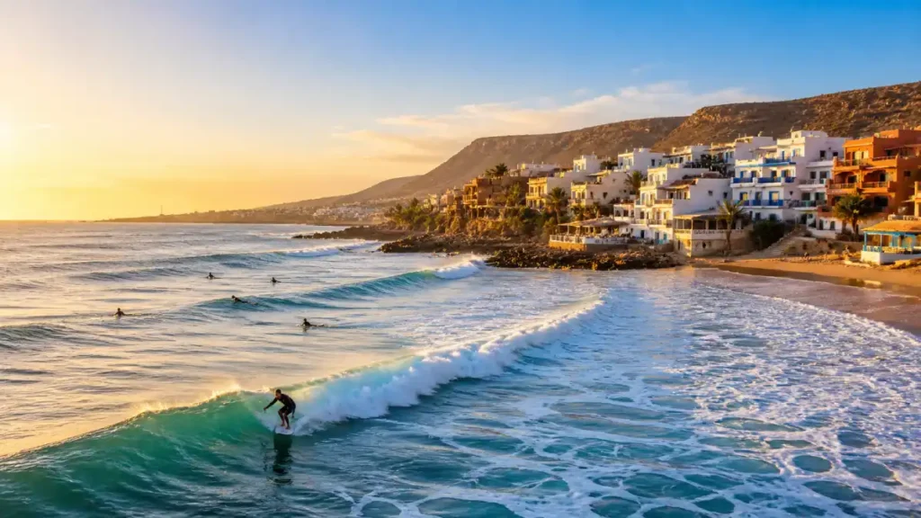 Taghazout Beach Morocco surfers riding Atlantic waves near coastal cliffs