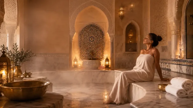 Best hammams in Marrakech with traditional Moroccan spa interior, steam, brass bowls and warm hammam atmosphere