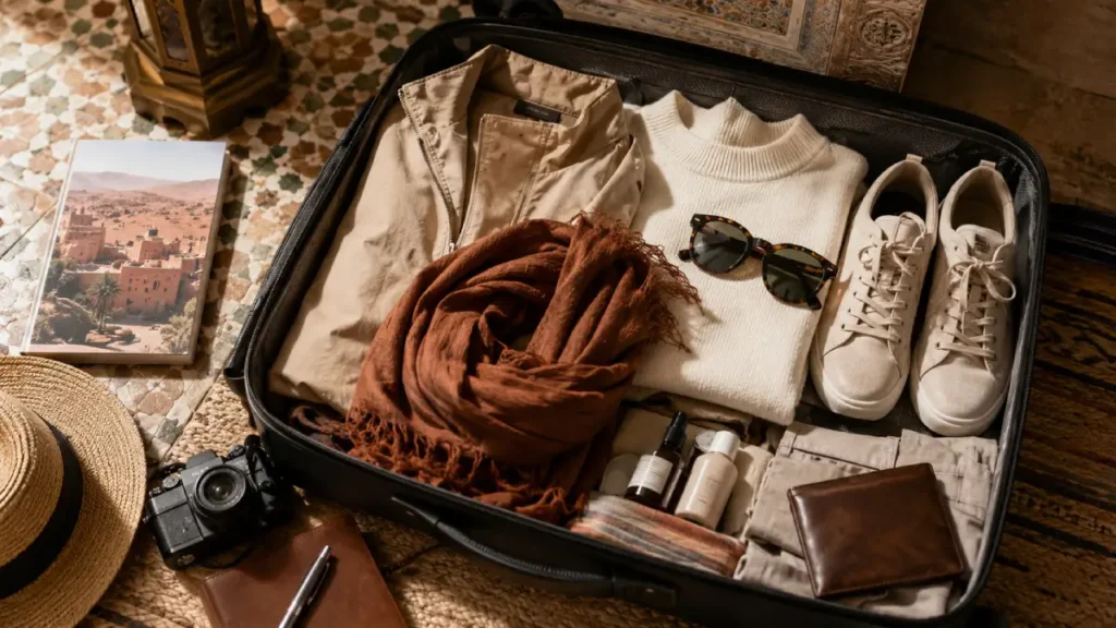 Open suitcase with warm layers, scarf, sunglasses, and walking shoes for what to pack for Morocco in February