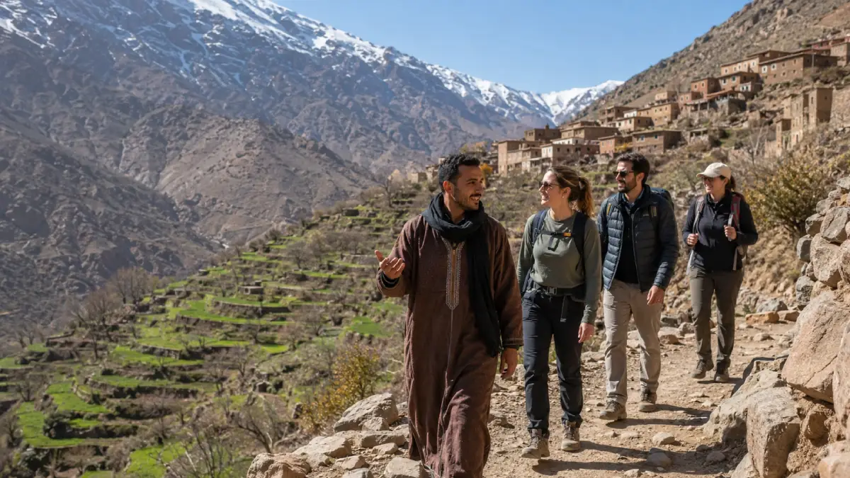 Atlas Mountains day trip from Marrakech with local guide in Imlil village and High Atlas views
