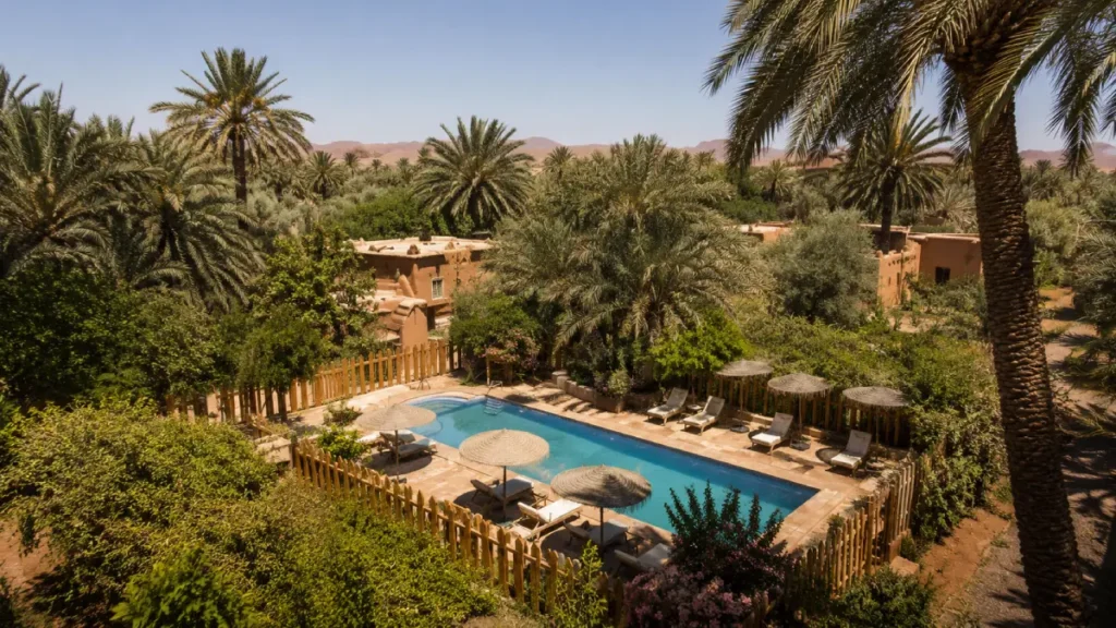 Ecolodge La Palmeraie near Ouarzazate with garden pool and eco lodge atmosphere