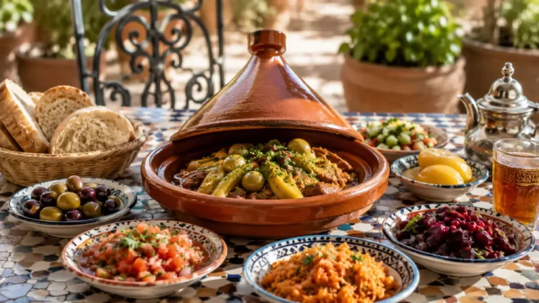 What do Moroccans eat for lunch shown with tagine, couscous, salads, bread, and mint tea