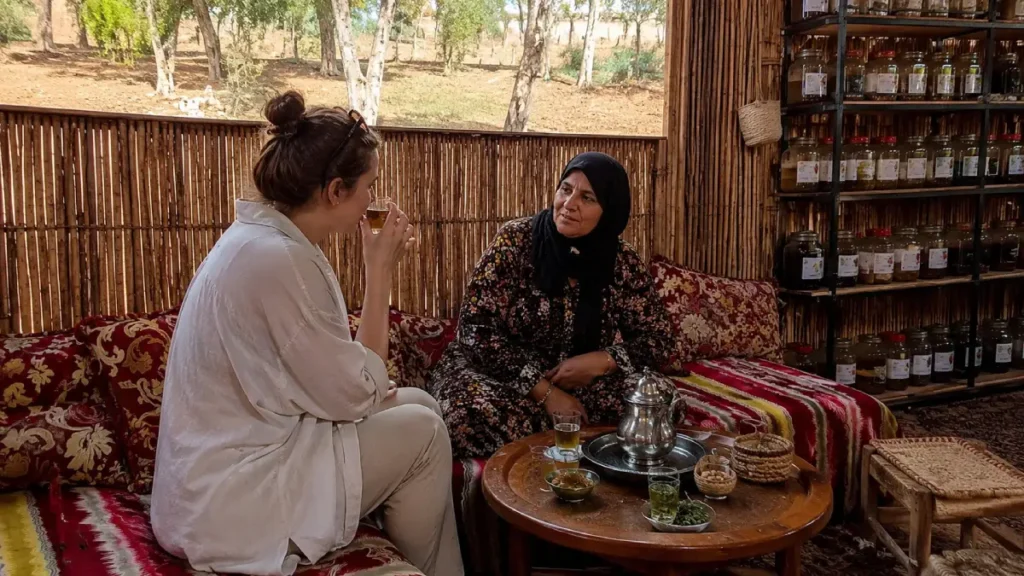 Ourika Valley cooperative visit with Moroccan mint tea, local Amazigh women, argan products, and travelers on a day trip from Marrakech