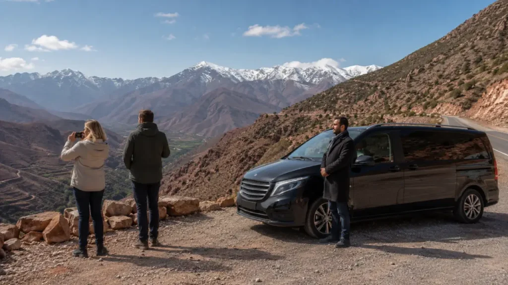 Private driver for Ait Ben Haddou day trip from Marrakech with comfortable car and mountain road scenery