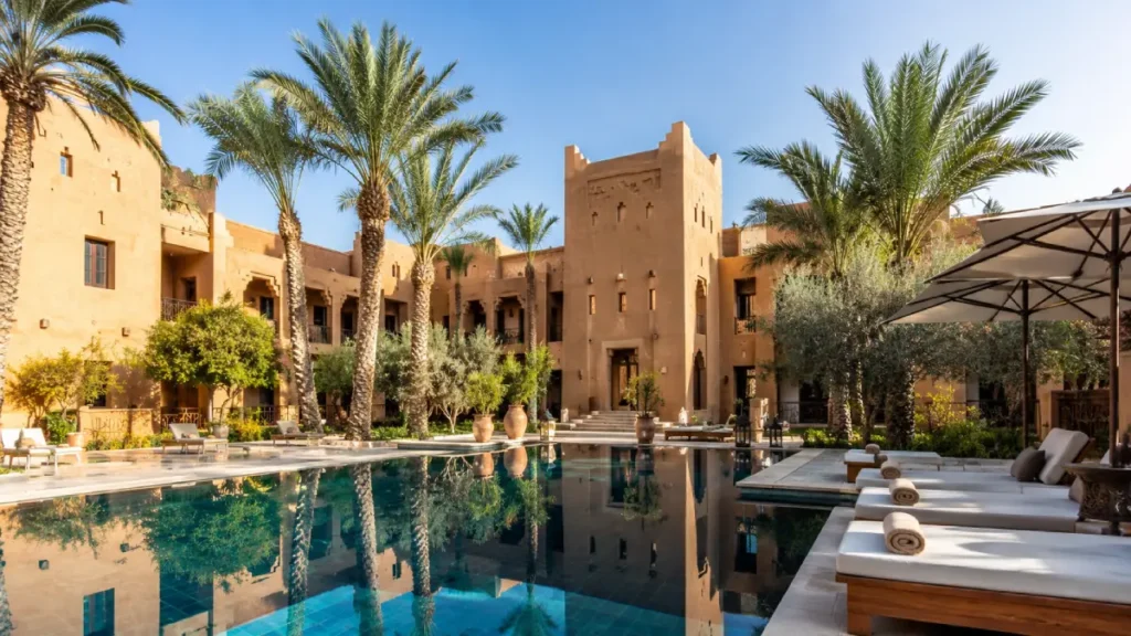 Kasbah-style hotel with swimming pool in Ouarzazate surrounded by desert landscapes