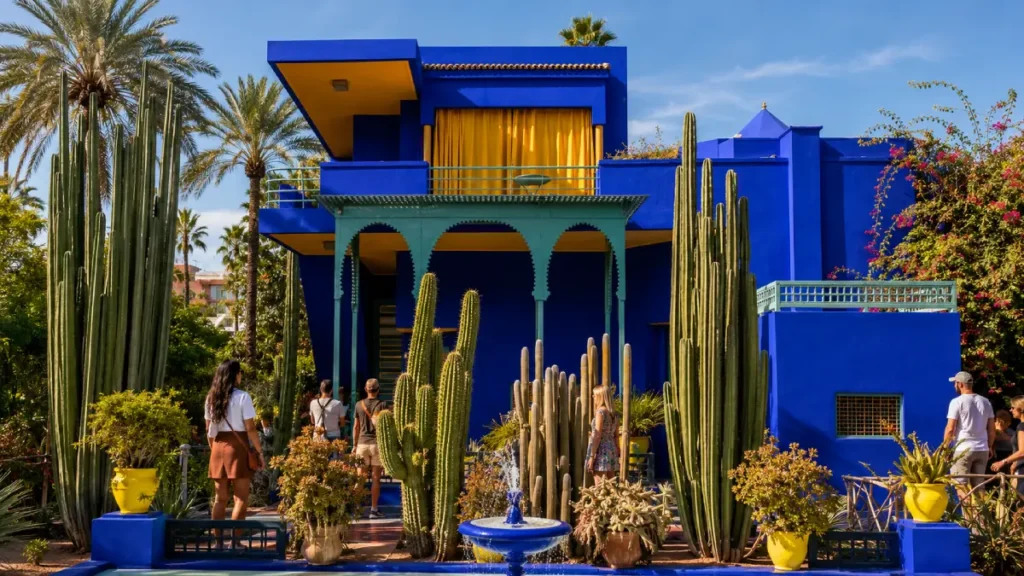 Jardin Majorelle in Marrakech with blue villa, cactus garden, palm trees, and tourists, featured in a 7 Days in Marrakech Itinerary.
