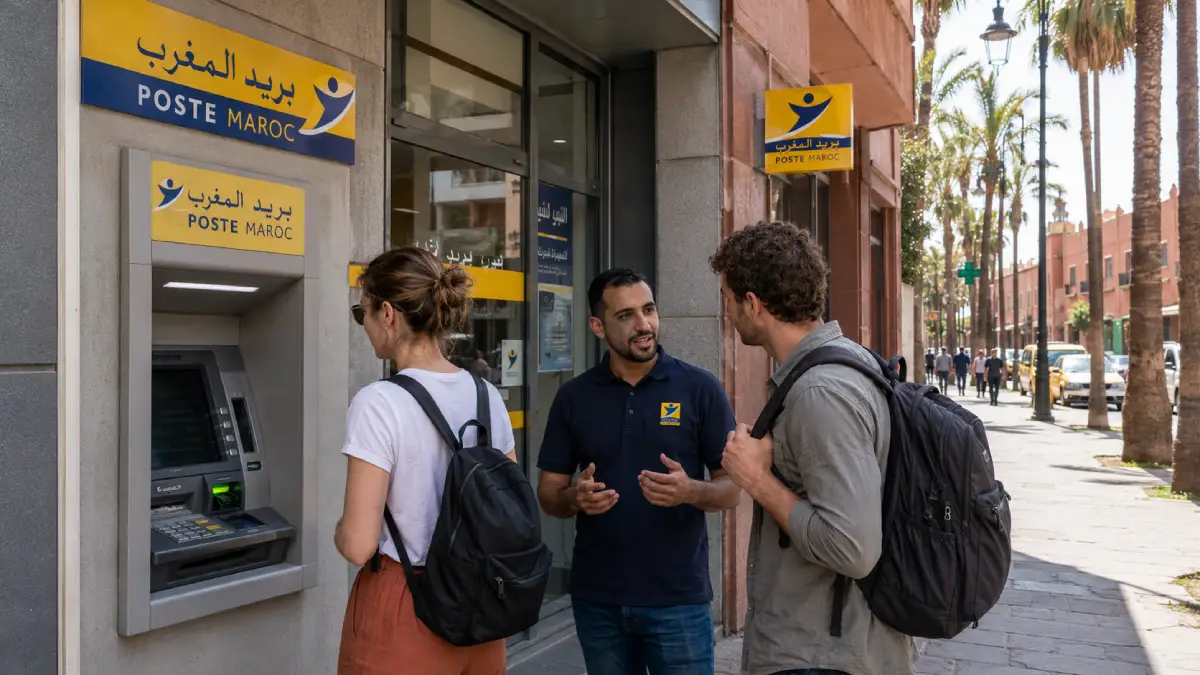 ATMs in Morocco local guide using a bank machine in Marrakech with travelers