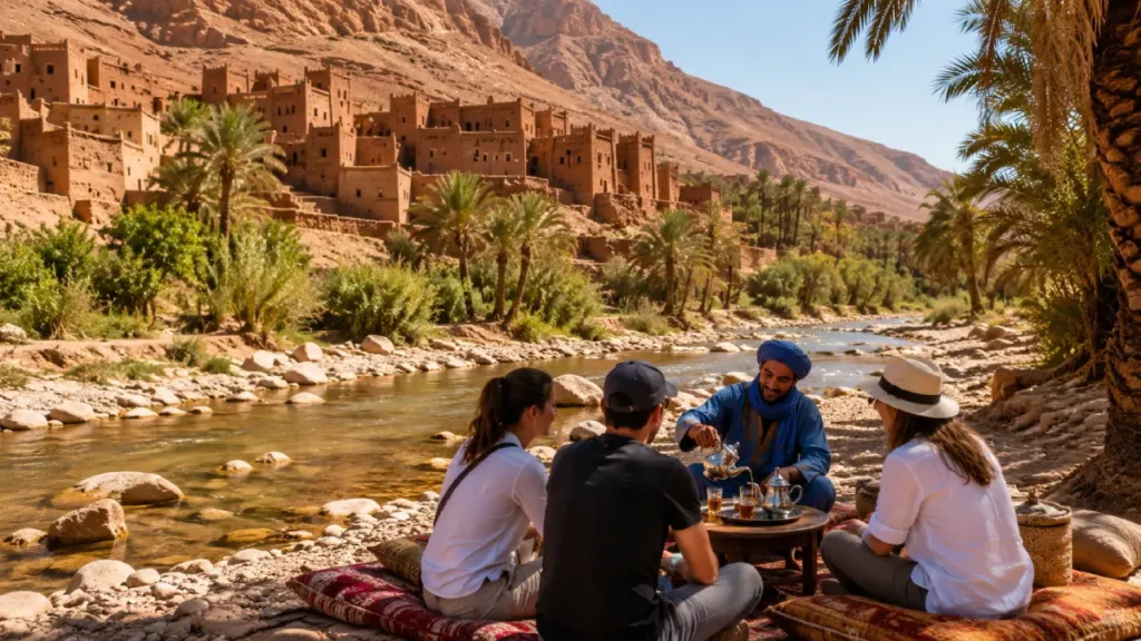 Fint Oasis near Ouarzazate with palm trees village scenery and desert mountains