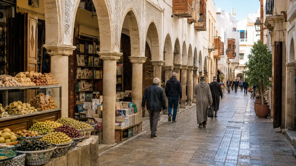 Habous Quarter in Casablanca with arches shops pastries and traditional Moroccan architecture