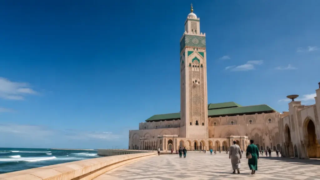 Hassan II Mosque in Casablanca with oceanfront courtyard and minaret