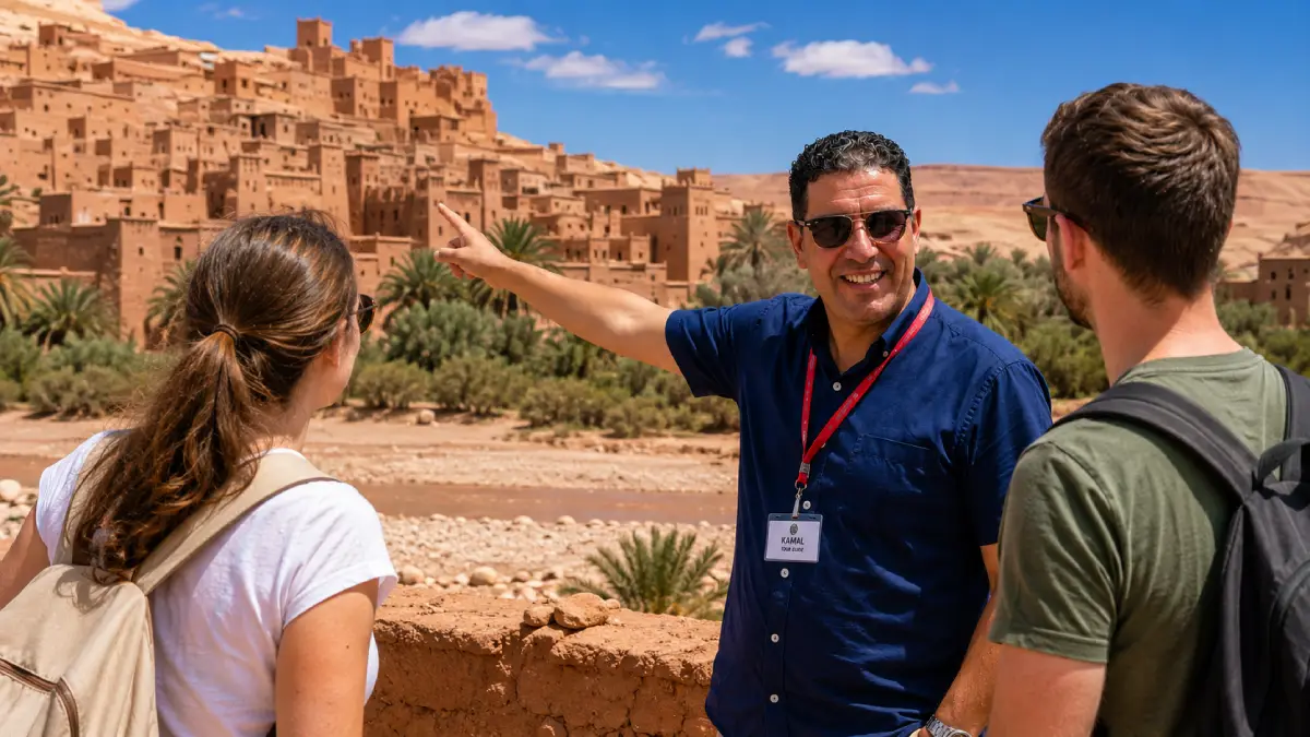 Kamal guiding travelers at Ait Ben Haddou near Ouarzazate in southern Morocco