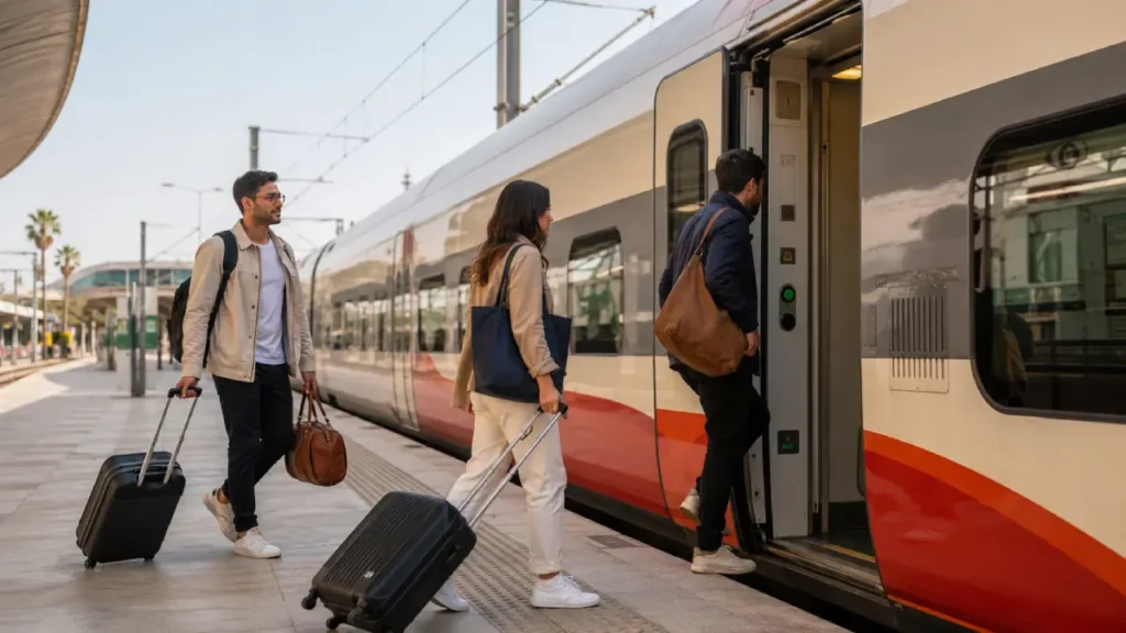Marrakech to Casablanca train for a day trip with Moroccan railway station and travelers