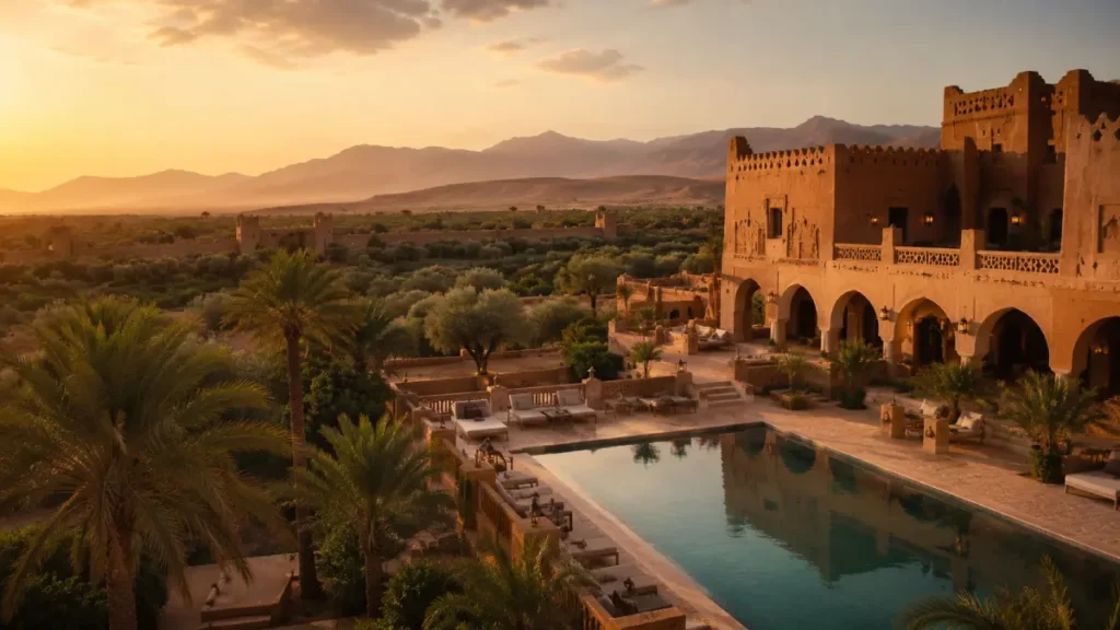 Kasbah-style hotel near Ouarzazate with palm trees and desert views