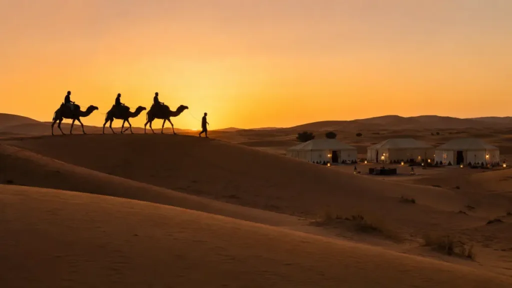 Morocco Sahara Desert camp and camel ride showing desert tour budget planning