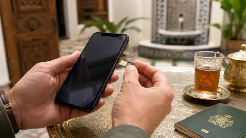Traveller activating a prepaid Moroccan SIM card on a smartphone