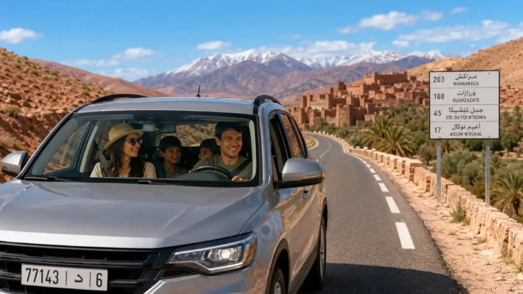 Family road trip in Morocco by rental car on a scenic mountain road near Ouarzazate and Marrakech