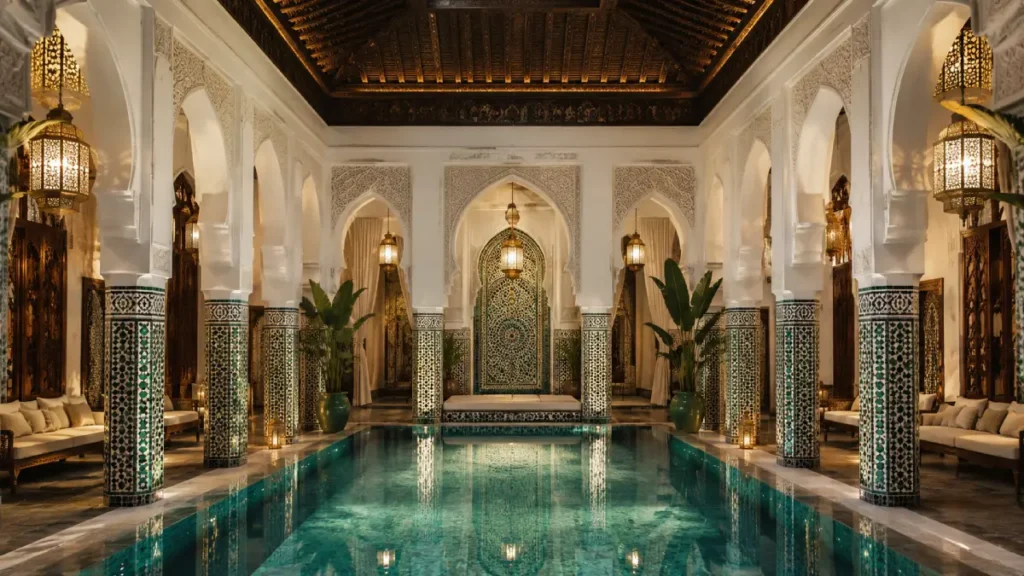 Luxury Moroccan riad courtyard with an indoor pool, zellige tiles, carved arches and traditional lanterns.