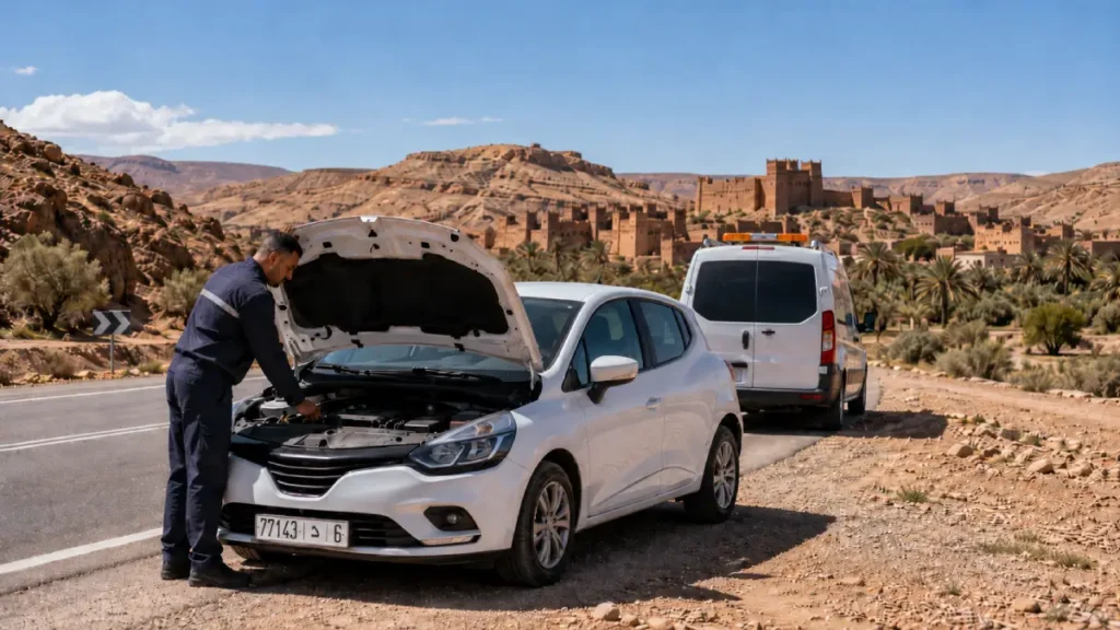 Roadside assistance helping with a rental car near Ouarzazate Morocco