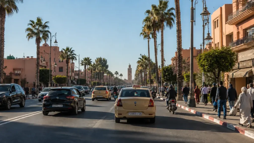 Driving in Marrakech traffic with cars scooters and pedestrians