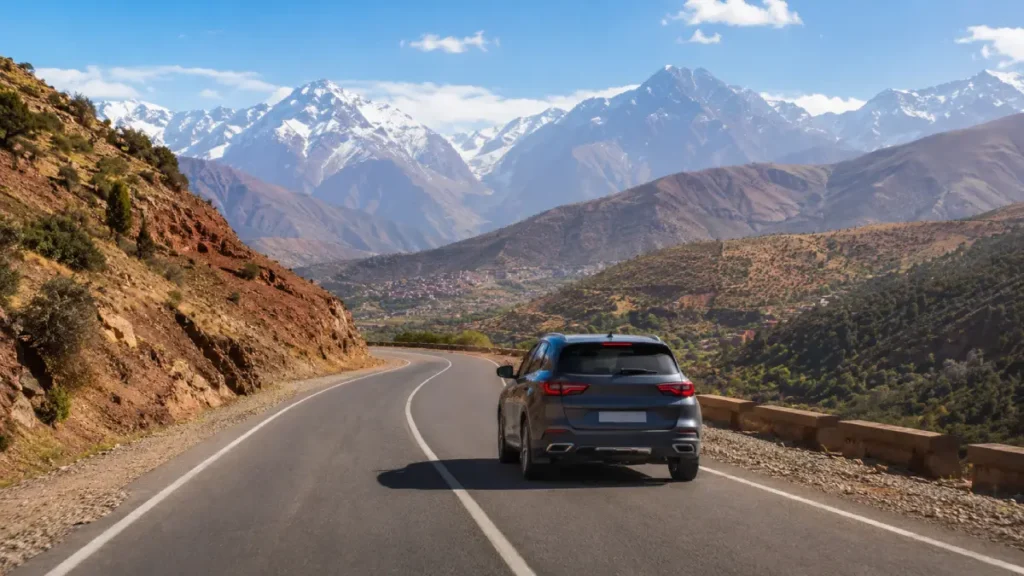 Driving in Morocco on a scenic road through the High Atlas Mountains